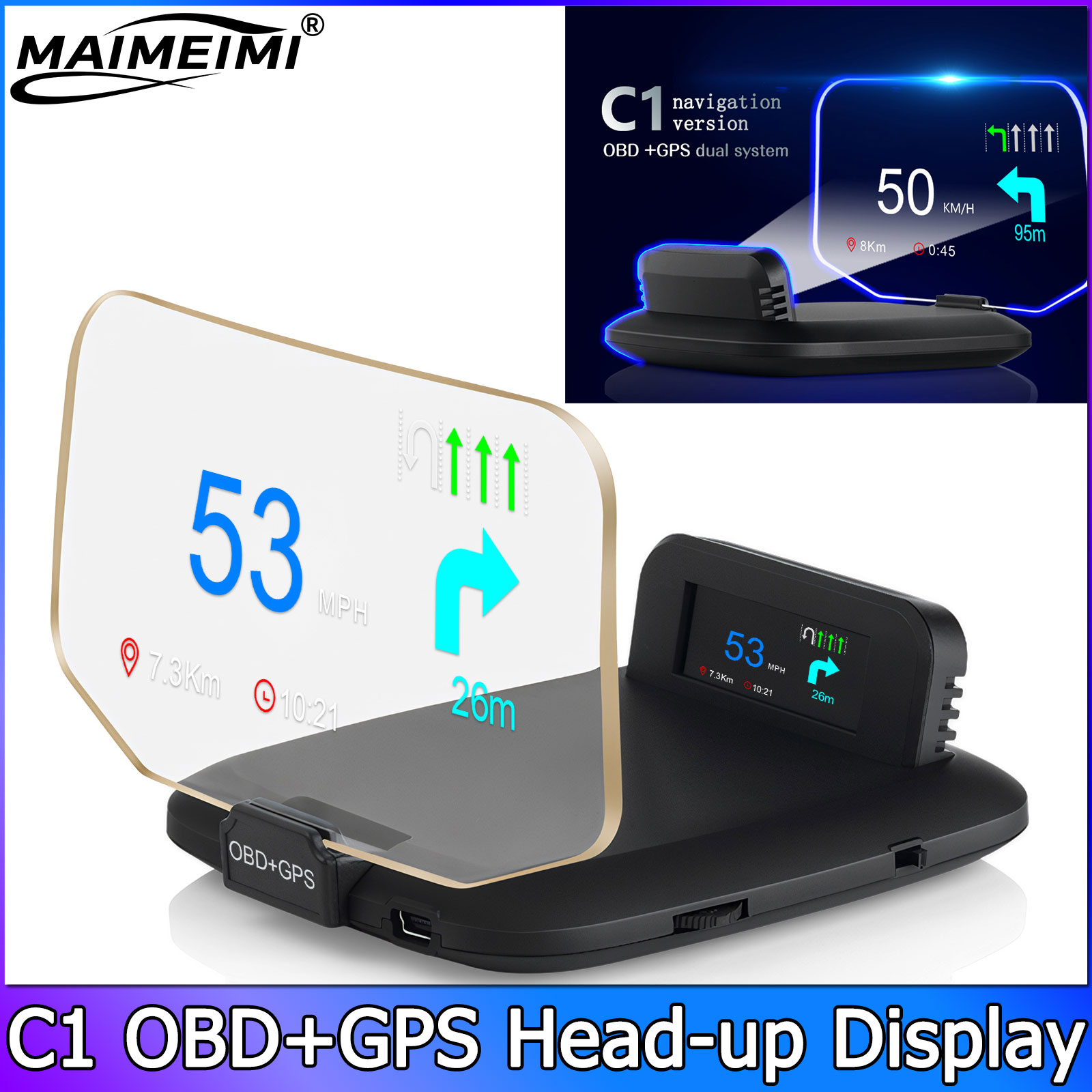 Obd2 Hud Speedometer Projector - QC Navigation Projection C1 Car OBD2+GPS
