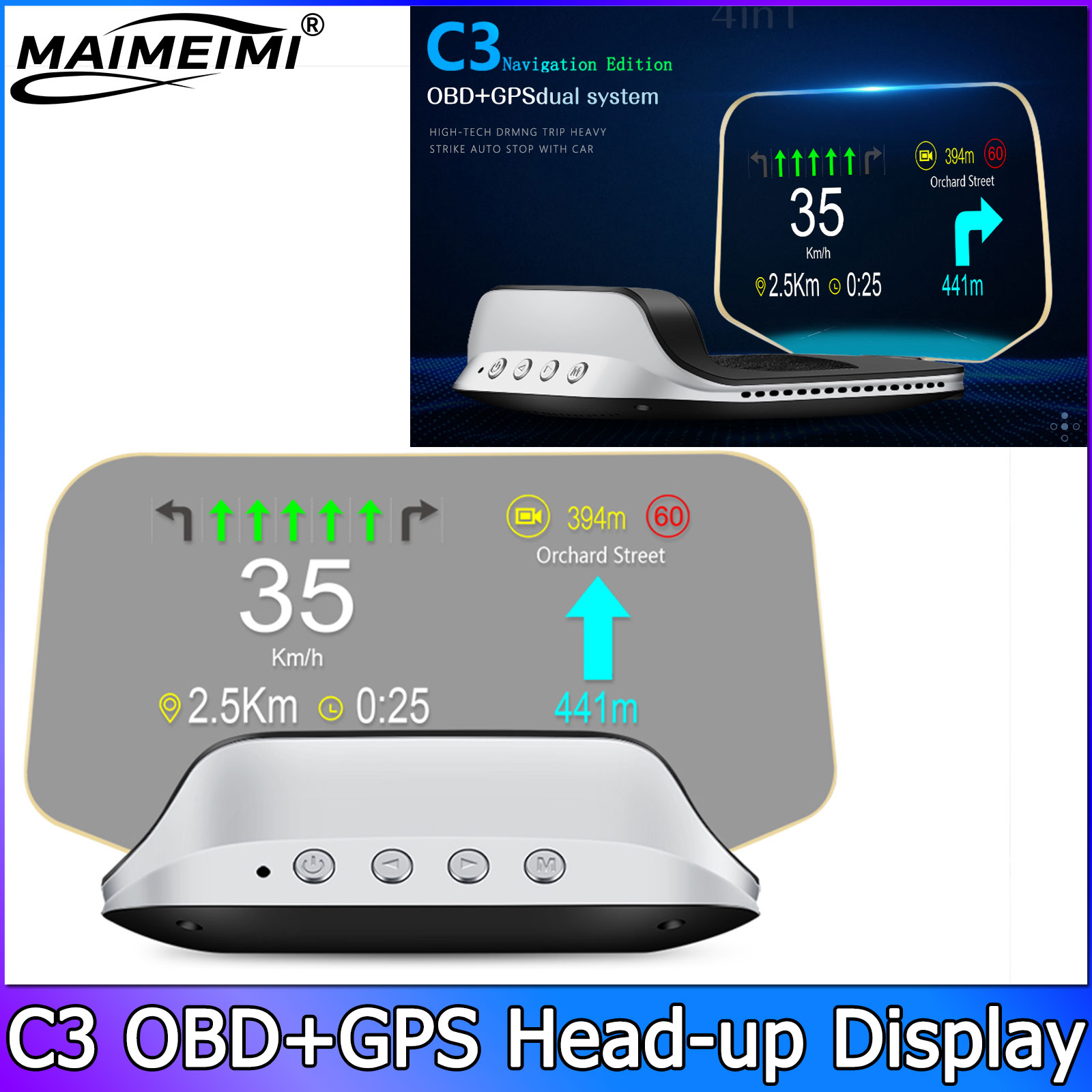 Car Hud Head Up Display Gps - QC Navigation Projection C3 Car OBD2+GPS